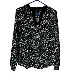 The Limited  Long Sleeve V-neck‎ Blouse Black Abstract Sz S 100% Polyester